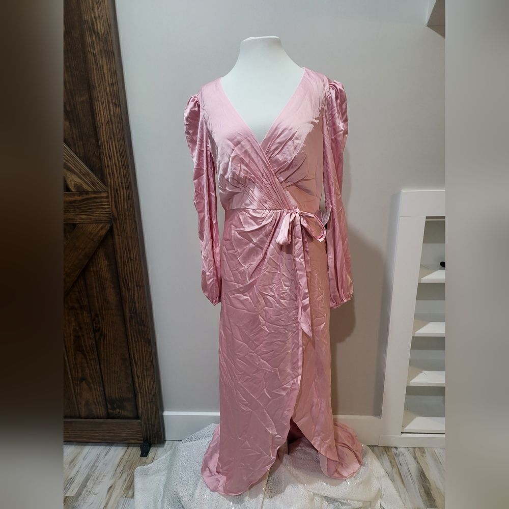 Mac Duggal DRAPED FAUX WRAP PUFF LONG SLEEVE GOWN NWT size 10 Rose Pink (55624) - Picture 4 of 6